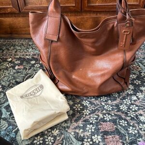 Vintage Fossil Emerson purse brown satchel cow hide leather shoulder handbag